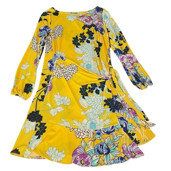 BEIGE by ECI Yellow floral dress w/bell sleeves sz Large - Picture 8 of 13